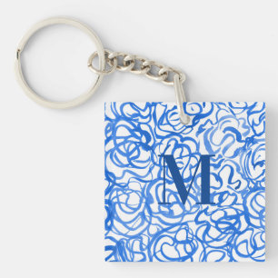 Blue White Unique Watercolor Swirls Keychain