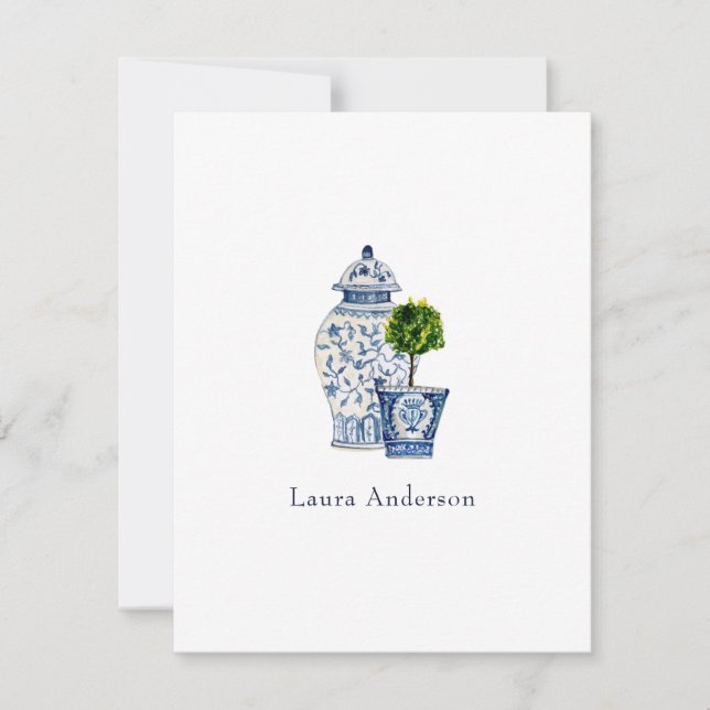 Blue & white urn and topiary flat thank you card (Front)