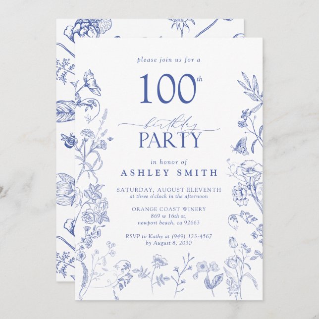 Blue & White Victorian 100th Birthday Party Floral Invitation (Front/Back)