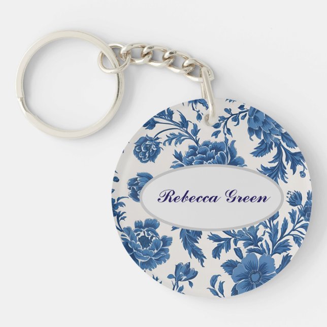 Blue & White Victorian-inspired Floral Print Key Ring (Front)