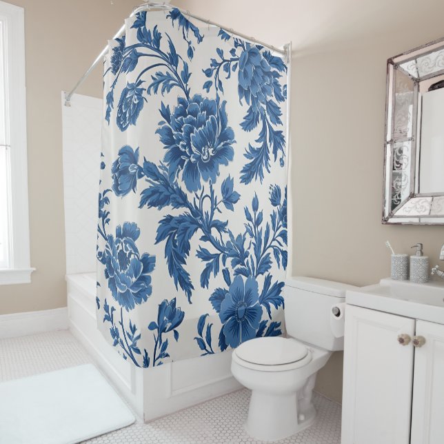 Blue & White Victorian-inspired Floral Print Shower Curtain (In Situ)