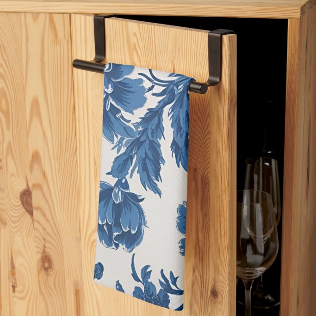 Blue & White Victorian-inspired Floral Print Tea Towel (Thirds Fold)