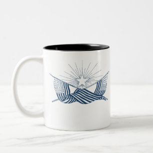 Blue & White Vintage American Flags w/Shining Star Two-Tone Coffee Mug