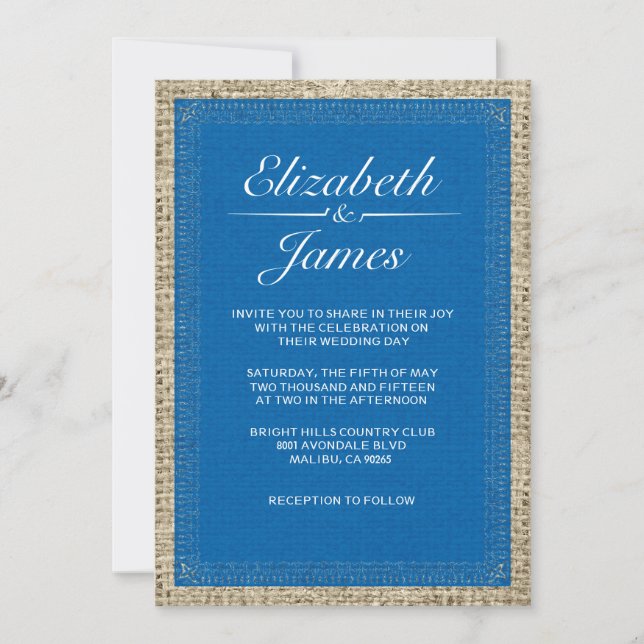 Blue & White Vintage Burlap Wedding Invitations (Front)