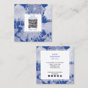 Blue White Vintage Chinoiserie Floral QR Code Square Business Card