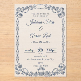 Blue White Vintage Classic Elegant Wedding Invitat Acrylic Invitations