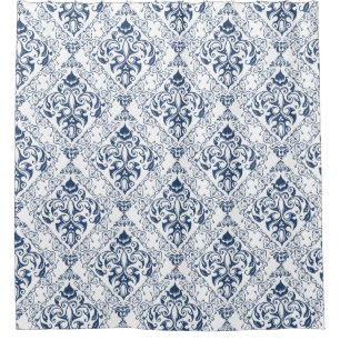 Blue White Vintage Damask Pattern Elegant Shower Curtain