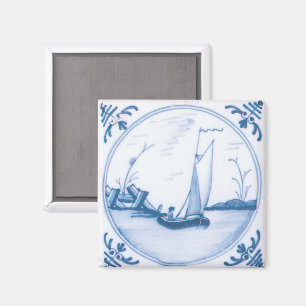 Blue White Vintage Delft Sailboat Art Tile Magnet