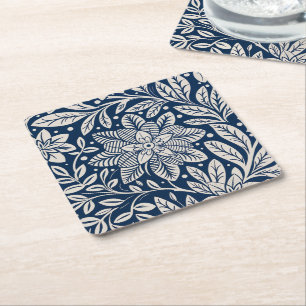 Blue & White Vintage Floral Pattern Square Paper Coaster