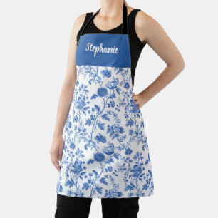 Blue White Vintage Floral Personalized Name Apron