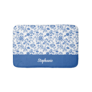 Blue White Vintage Floral Personalized Name Bath Mat