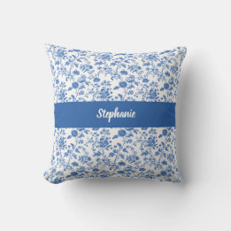 Blue White Vintage Floral Personalized Name Cushion