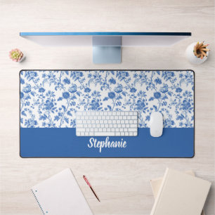 Blue White Vintage Floral Personalized Name Desk Mat