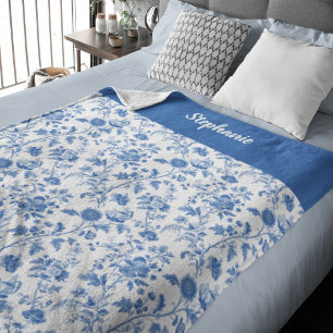 Blue White Vintage Floral Personalized Name Fleece Blanket