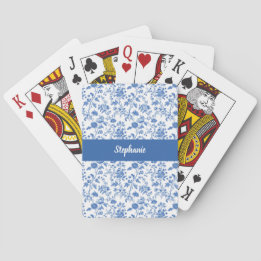 Blue White Vintage Floral Toile Personalized Name Playing Cards