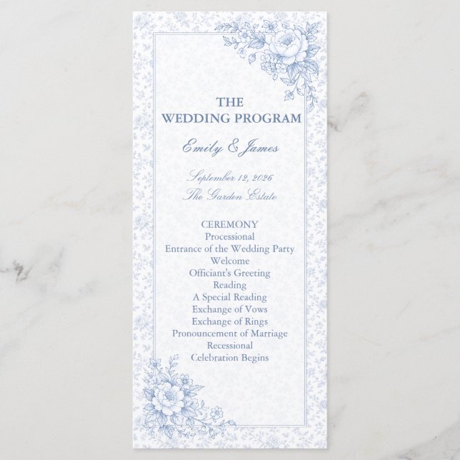 Blue & White Vintage Floral Wedding Program Programme (Front)