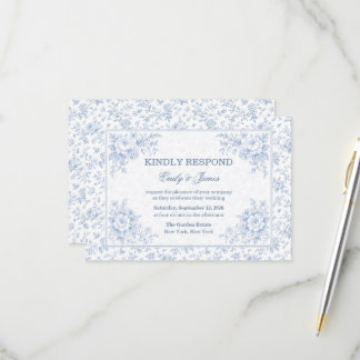 Blue & White Vintage Floral Wedding RSVP Card