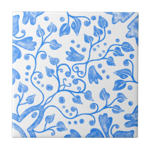 Blue White Vintage Original Unique Watercolor Tile