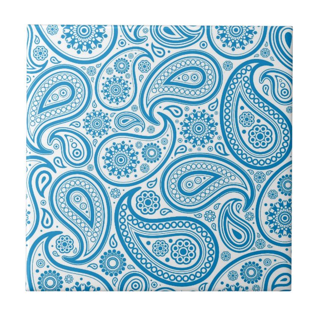 Blue & White Vintage Paisley Damask Pattern Tile (Front)
