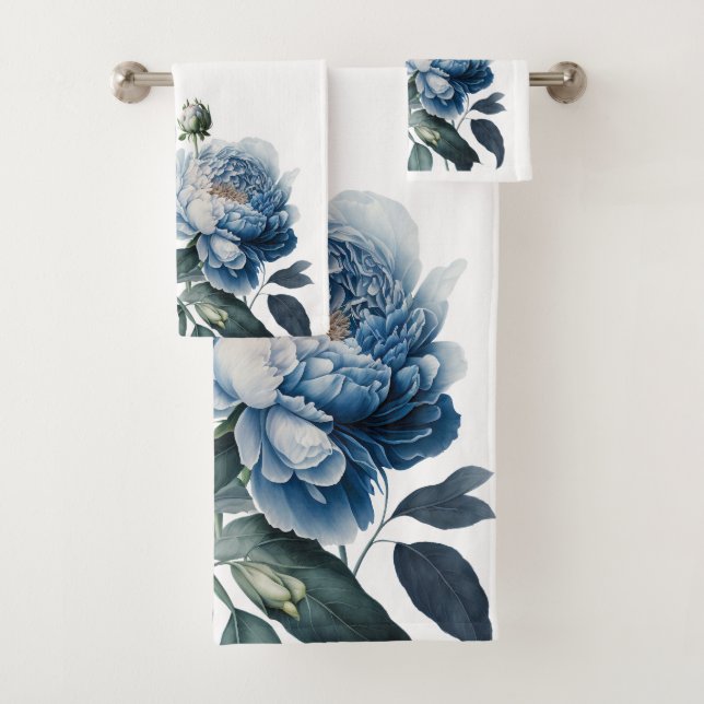Blue & White Vintage Peony on White Towel Set (Insitu)