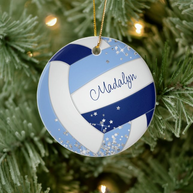 blue white volleyball tiny silver stars accent  ceramic tree decoration (Tree)