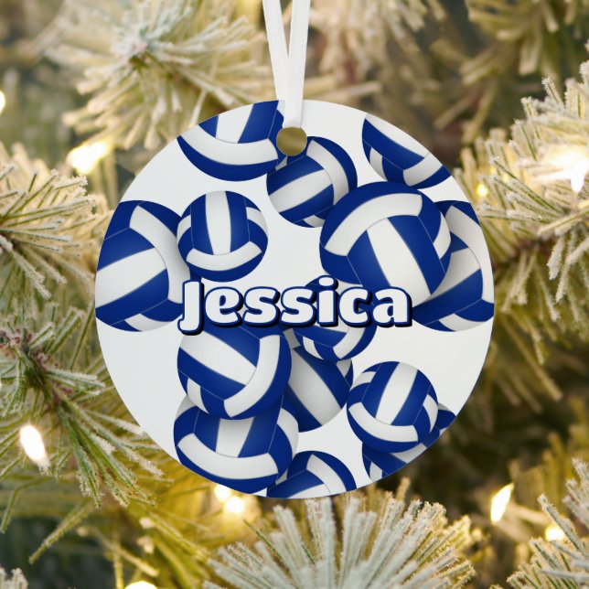 blue white volleyballs with athlete name keepsake metal tree decoration (Insitu)