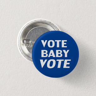 blue & white "vote baby vote" button pin
