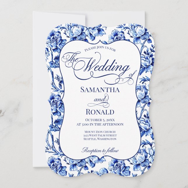 Blue & White w Calligraphy Floral Toile Wedding  Invitation (Front)