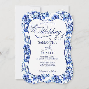Blue & White w Calligraphy Floral Toile Wedding Invitation