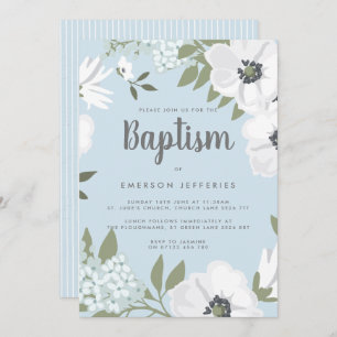 Blue & White Watercolor Anemone Baptism Invitation