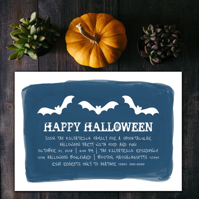 Blue White Watercolor Bats Halloween Party Invitation (Blue and White Watercolor Bats Halloween Party Invite)