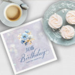 Blue White Watercolor Floral 30th Birthday  Napkin<br><div class="desc">A beautiful bouquet of soft blue and white peonies decorate this birthday party napkin. The birthday description is written in an elegant, traditional calligraphy. The birthday celebrant's name is written in a classic upright font. The background is a soft-bluish grey that contains a barely there botanical pattern and bokeh lights....</div>