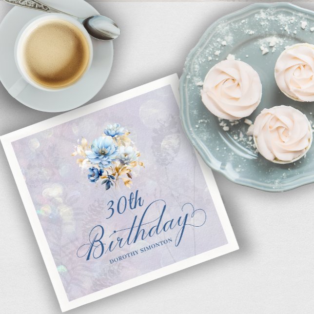 Blue White Watercolor Floral 30th Birthday  Napkin (Creator Uploaded)