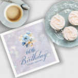 Blue White Watercolor Floral 60th Birthday  Napkin<br><div class="desc">A beautiful bouquet of soft blue and white peonies decorate this birthday party napkin. The birthday description is written in an elegant, traditional calligraphy. The birthday celebrant's name is written in a classic upright font. The background is a soft-bluish grey that contains a barely there botanical pattern and bokeh lights....</div>