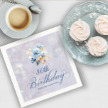 Blue White Watercolor Floral 80th Birthday  Napkin<br><div class="desc">A beautiful bouquet of soft blue and white peonies decorate this birthday party napkin. The birthday description is written in an elegant, traditional calligraphy. The birthday celebrant's name is written in a classic upright font. The background is a soft-bluish grey that contains a barely there botanical pattern and bokeh lights....</div>