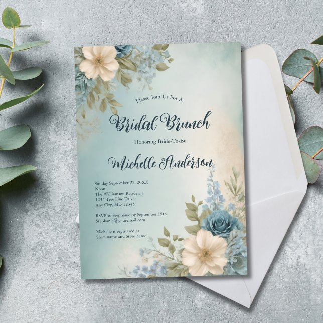 Blue White Watercolor Floral Bridal Shower Brunch  Invitation (Blue White Floral Watercolor Bridal Shower Bridal Brunch Invitation)