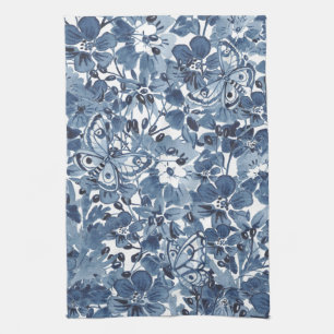 Blue & White Watercolor Floral Butterfly Elegant Tea Towel
