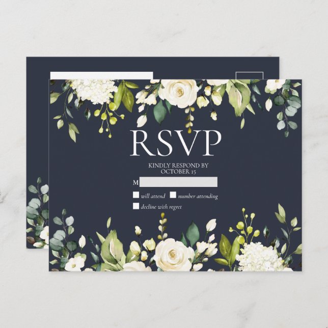 Blue & White Watercolor Floral Drop No Menu RSVP (Front/Back)