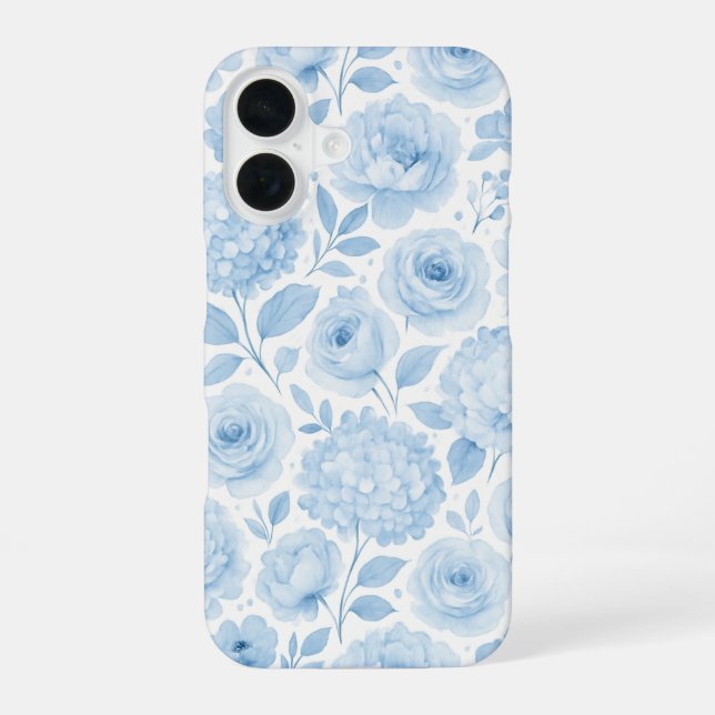 Blue White Watercolor Floral Pattern iPhone 16 Case (Back)