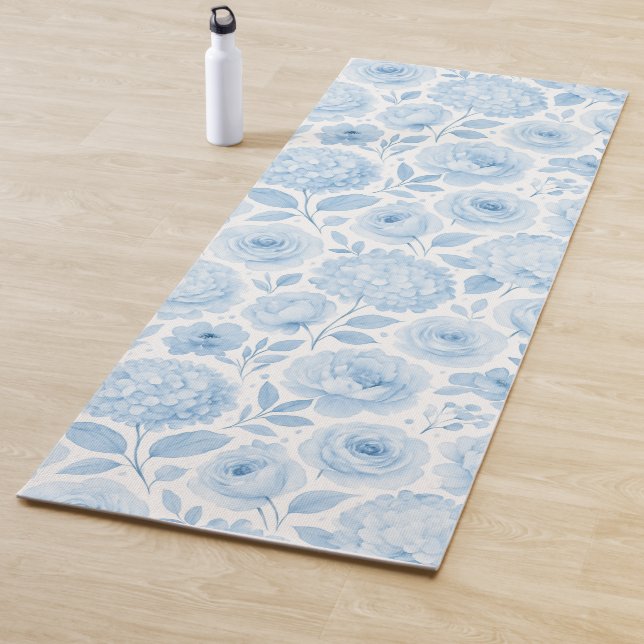 Blue White Watercolor Floral Pattern Yoga Mat (In Situ)