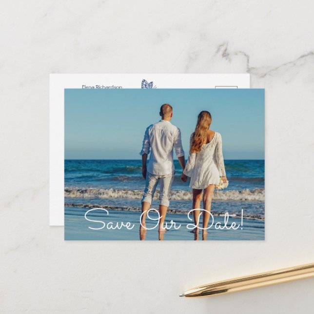 Blue & White Watercolor Floral Photo Wedding Announcement Postcard (Front/Back In Situ)