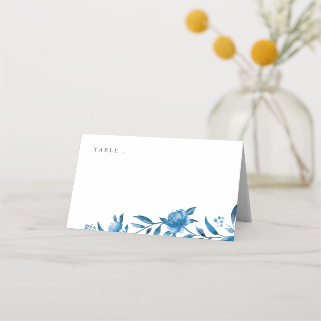 Blue & white watercolor floral wedding place cards (Front)
