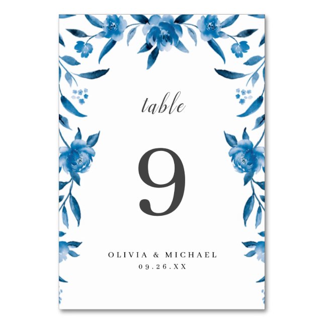 Blue & white watercolor floral wedding table card (Front)