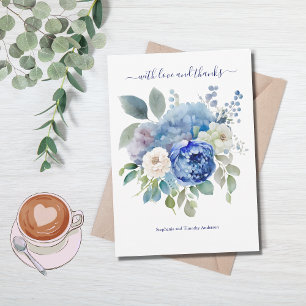 Blue White Watercolor Floral Wedding  Thank You Card