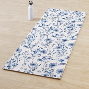Blue White Watercolor Floral Wildflower Pattern Yoga Mat