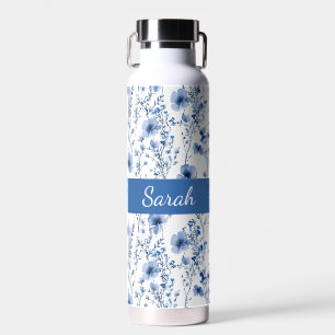 Blue White Watercolor Floral Wildflowers Name Water Bottle