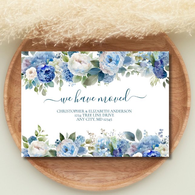 Blue White Watercolor Florals Moving New Home Announcement (Blue White Watercolor Peonies Florals Moving New Home Announcement Card )