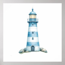 Blue & White Watercolor Lighthouse