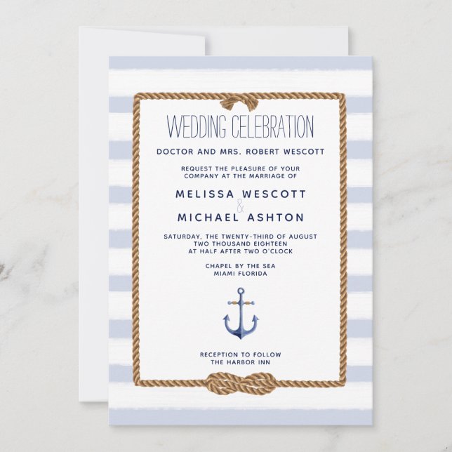 Blue & White Watercolor Nautical Knot Wedding Invitation (Front)