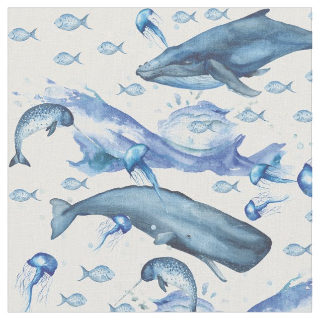 Blue | White Watercolor Ocean Marine Life Pattern Fabric (Close Up)